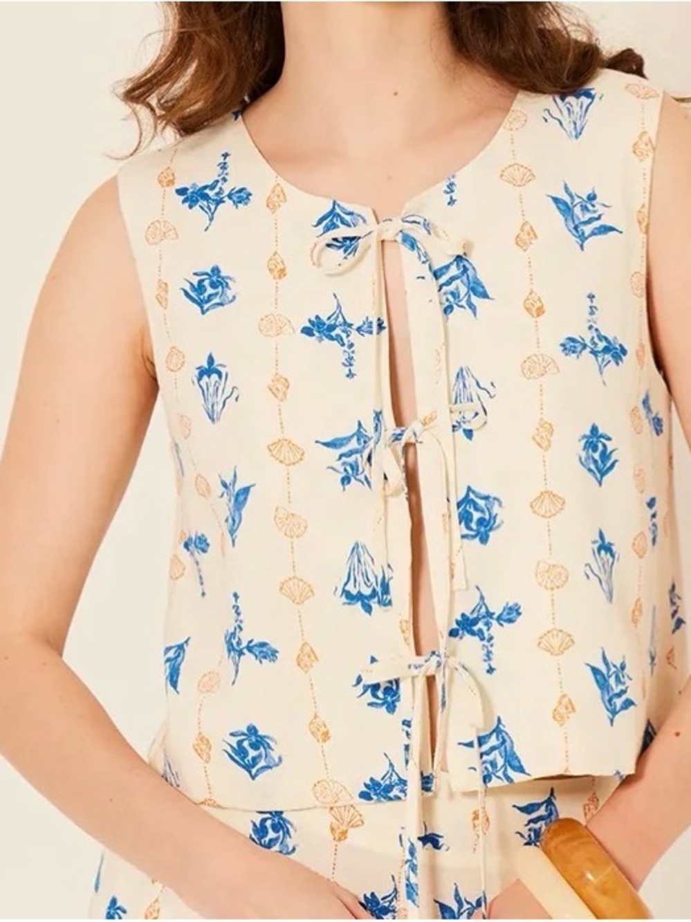 Bila Tie-Front Sleeveless Camisole - Cream & Blue